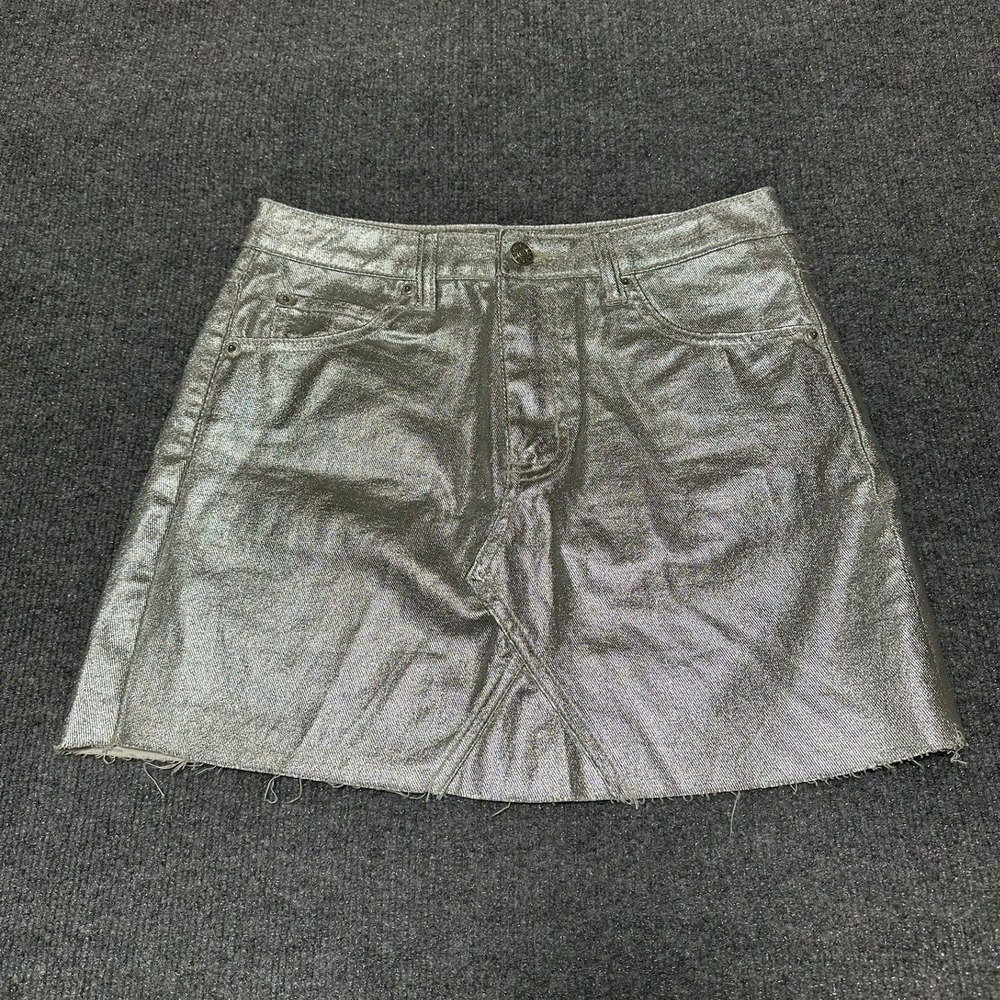 Sunset + Spring Metallic Silver Denim Mini Skirt Raw Hem S7164 Womens Size Small